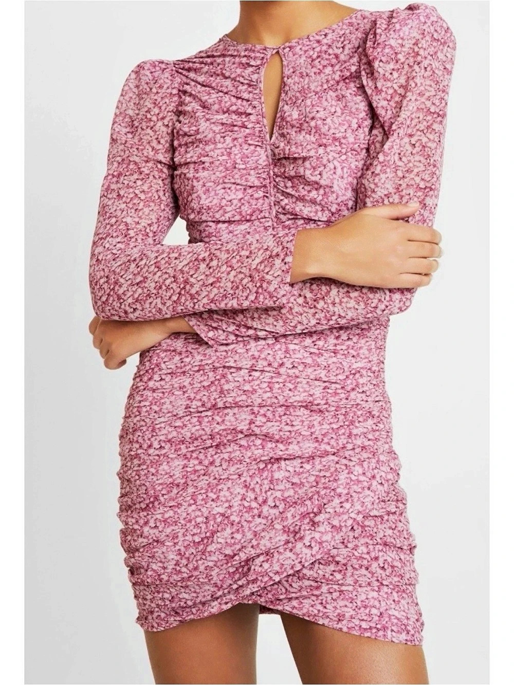 Bardot Charlotte Floral Ruched Mini Dress in Pink Haze, size 4